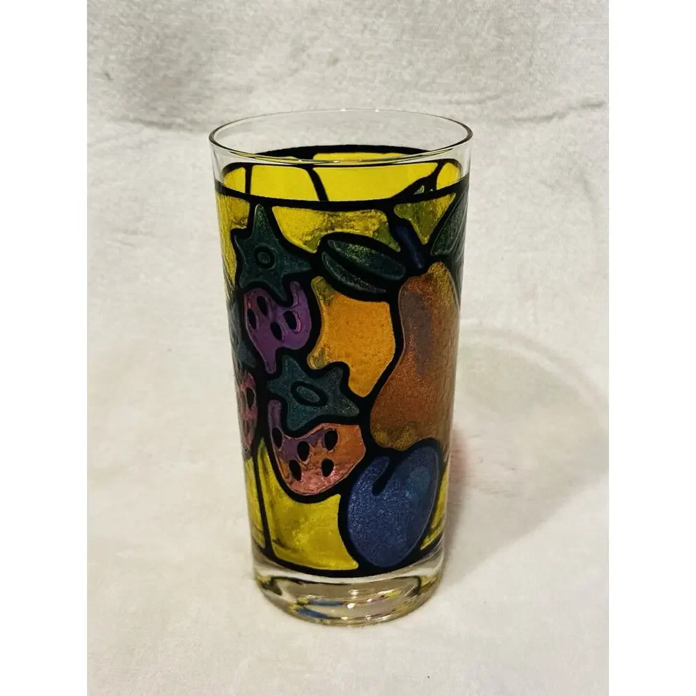 Vtg 60's 70's Tiffany Stained Glass Style Multi Colored Fruit OJ Cup Libbey
